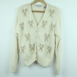 Vintage Women's Large Cardigan Beaded Bow Angora Silk Princess Luxury Preppy 90s